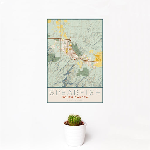 12x18 Spearfish South Dakota Map Print Portrait Orientation in Woodblock Style With Small Cactus Plant in White Planter