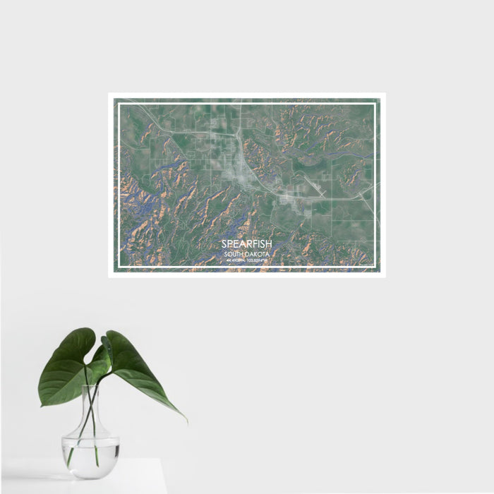 16x24 Spearfish South Dakota Map Print Landscape Orientation in Afternoon Style With Tropical Plant Leaves in Water