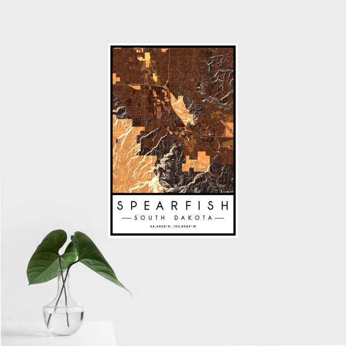 16x24 Spearfish South Dakota Map Print Portrait Orientation in Ember Style With Tropical Plant Leaves in Water