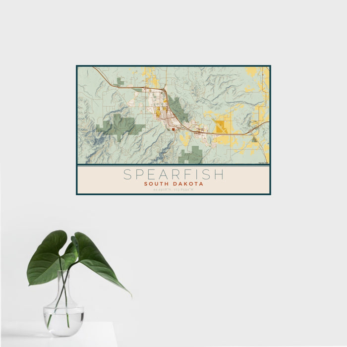 16x24 Spearfish South Dakota Map Print Landscape Orientation in Woodblock Style With Tropical Plant Leaves in Water