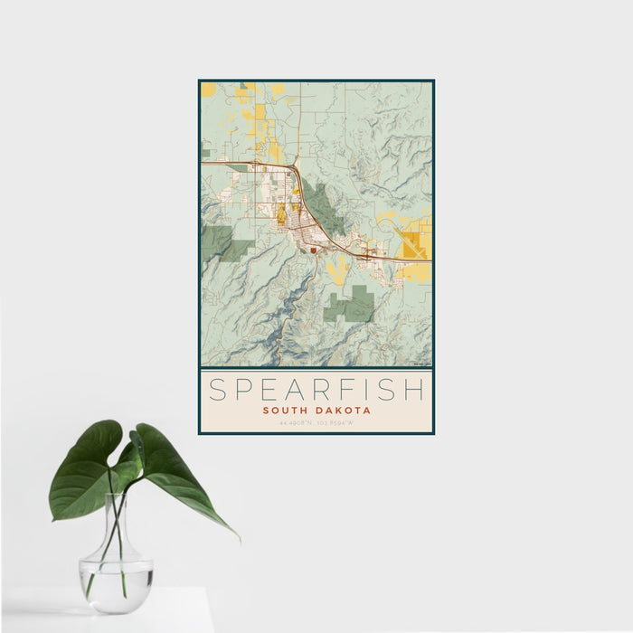 16x24 Spearfish South Dakota Map Print Portrait Orientation in Woodblock Style With Tropical Plant Leaves in Water