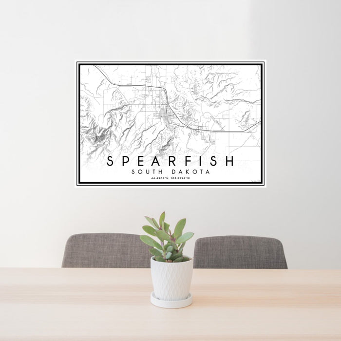 24x36 Spearfish South Dakota Map Print Lanscape Orientation in Classic Style Behind 2 Chairs Table and Potted Plant
