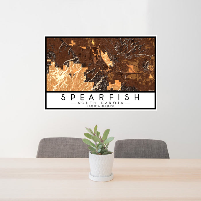 24x36 Spearfish South Dakota Map Print Lanscape Orientation in Ember Style Behind 2 Chairs Table and Potted Plant