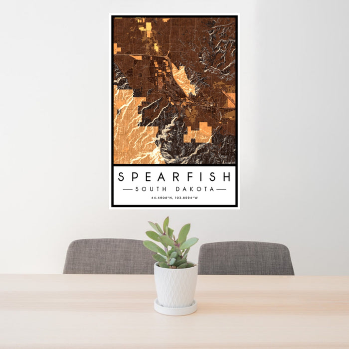 24x36 Spearfish South Dakota Map Print Portrait Orientation in Ember Style Behind 2 Chairs Table and Potted Plant