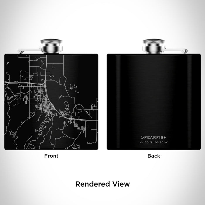 Rendered View of Spearfish South Dakota Map Engraving on 6oz Stainless Steel Flask in Black