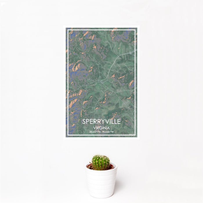 12x18 Sperryville Virginia Map Print Portrait Orientation in Afternoon Style With Small Cactus Plant in White Planter
