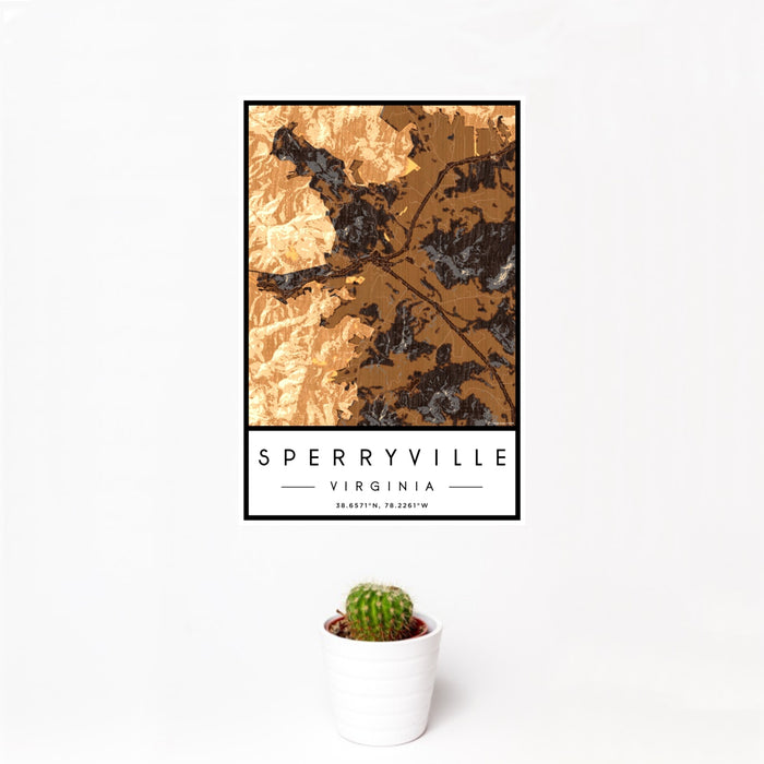 12x18 Sperryville Virginia Map Print Portrait Orientation in Ember Style With Small Cactus Plant in White Planter