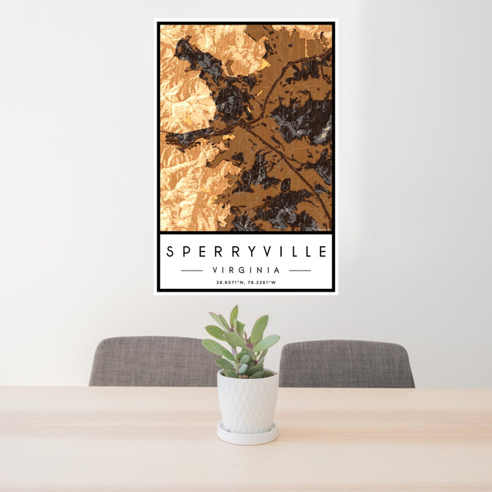 24x36 Sperryville Virginia Map Print Portrait Orientation in Ember Style Behind 2 Chairs Table and Potted Plant