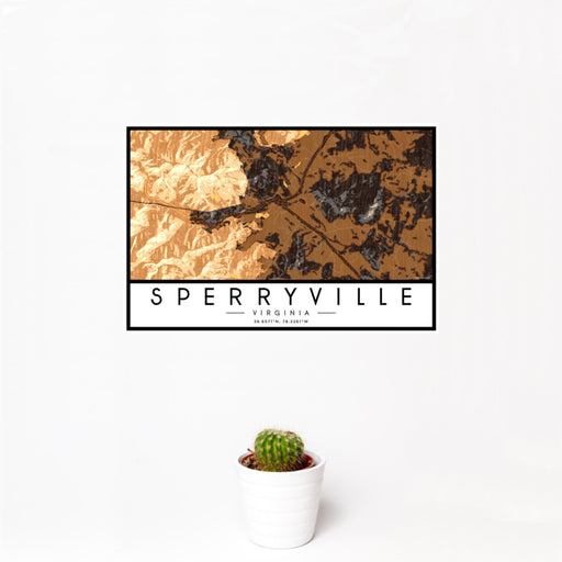 12x18 Sperryville Virginia Map Print Landscape Orientation in Ember Style With Small Cactus Plant in White Planter