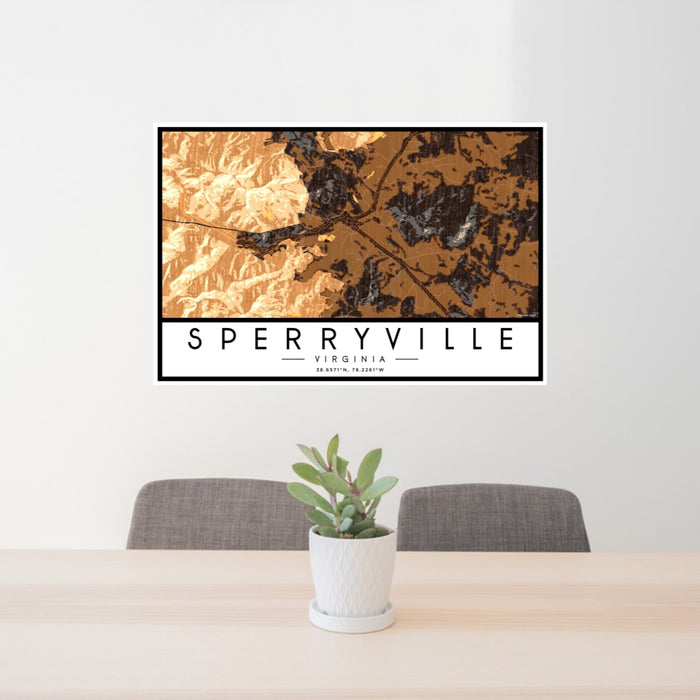 24x36 Sperryville Virginia Map Print Landscape Orientation in Ember Style Behind 2 Chairs Table and Potted Plant