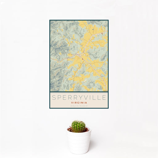 12x18 Sperryville Virginia Map Print Portrait Orientation in Woodblock Style With Small Cactus Plant in White Planter