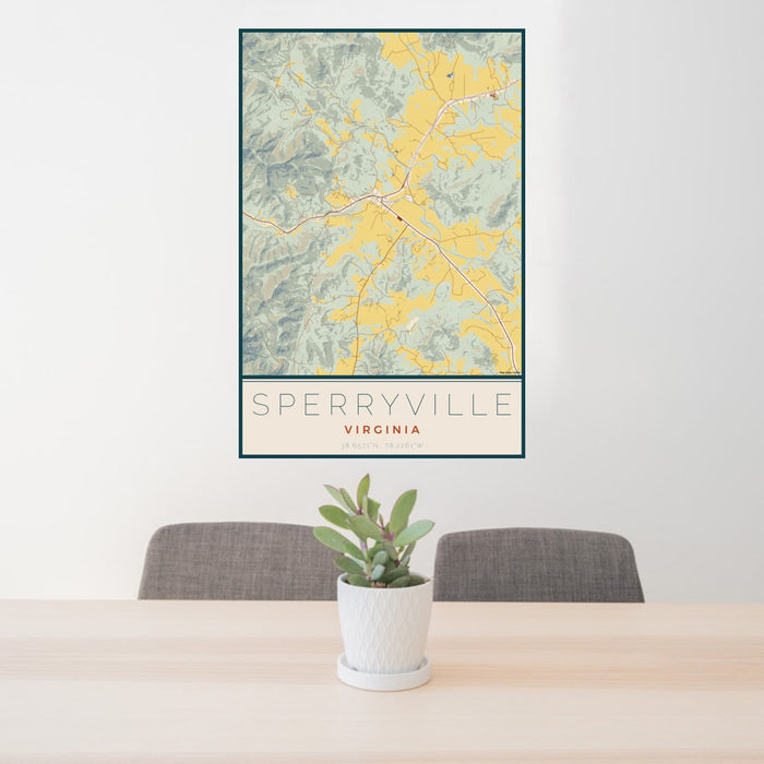 24x36 Sperryville Virginia Map Print Portrait Orientation in Woodblock Style Behind 2 Chairs Table and Potted Plant
