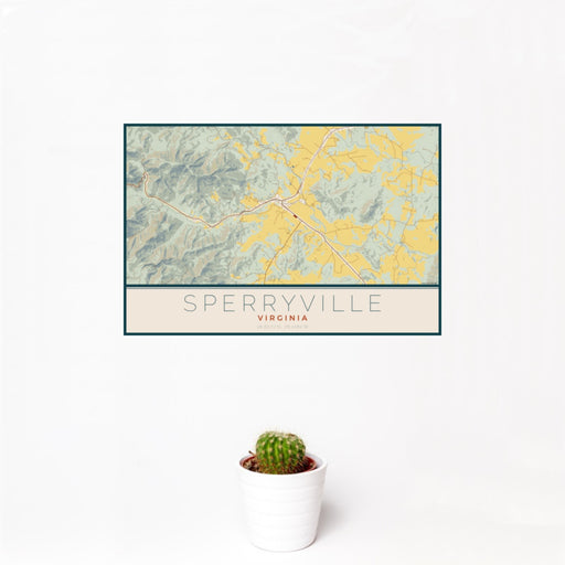 12x18 Sperryville Virginia Map Print Landscape Orientation in Woodblock Style With Small Cactus Plant in White Planter
