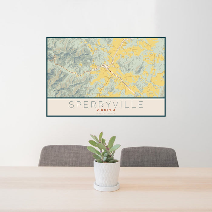 24x36 Sperryville Virginia Map Print Landscape Orientation in Woodblock Style Behind 2 Chairs Table and Potted Plant
