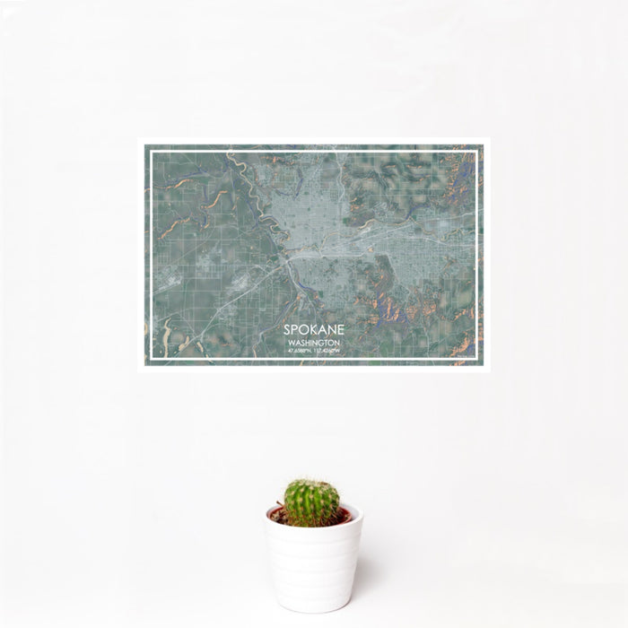12x18 Spokane Washington Map Print Landscape Orientation in Afternoon Style With Small Cactus Plant in White Planter