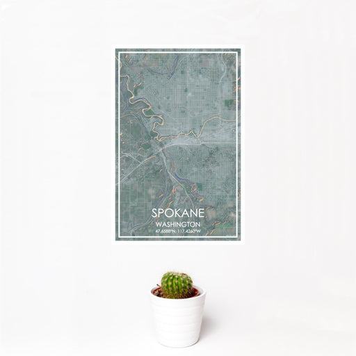12x18 Spokane Washington Map Print Portrait Orientation in Afternoon Style With Small Cactus Plant in White Planter
