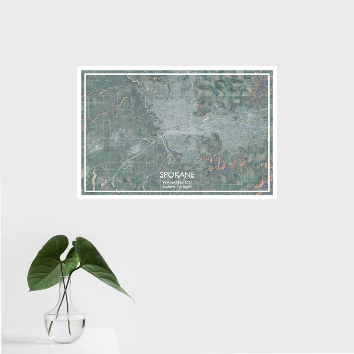 16x24 Spokane Washington Map Print Landscape Orientation in Afternoon Style With Tropical Plant Leaves in Water
