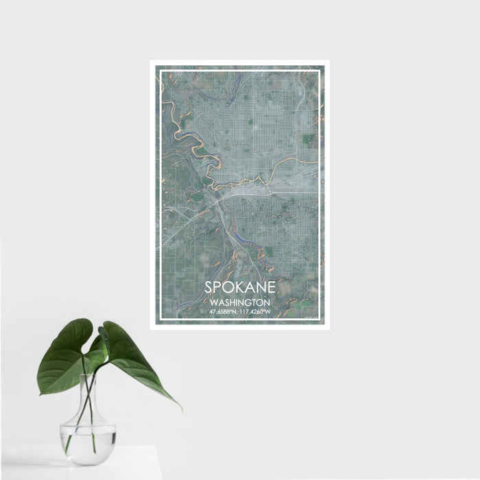 16x24 Spokane Washington Map Print Portrait Orientation in Afternoon Style With Tropical Plant Leaves in Water