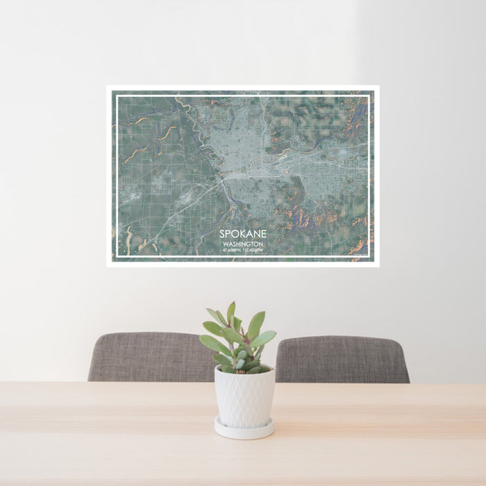 24x36 Spokane Washington Map Print Lanscape Orientation in Afternoon Style Behind 2 Chairs Table and Potted Plant