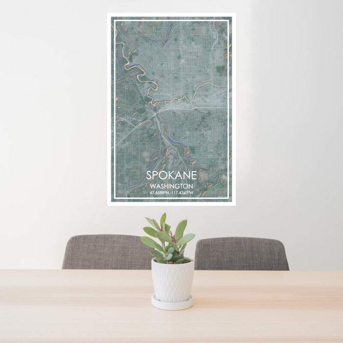 24x36 Spokane Washington Map Print Portrait Orientation in Afternoon Style Behind 2 Chairs Table and Potted Plant