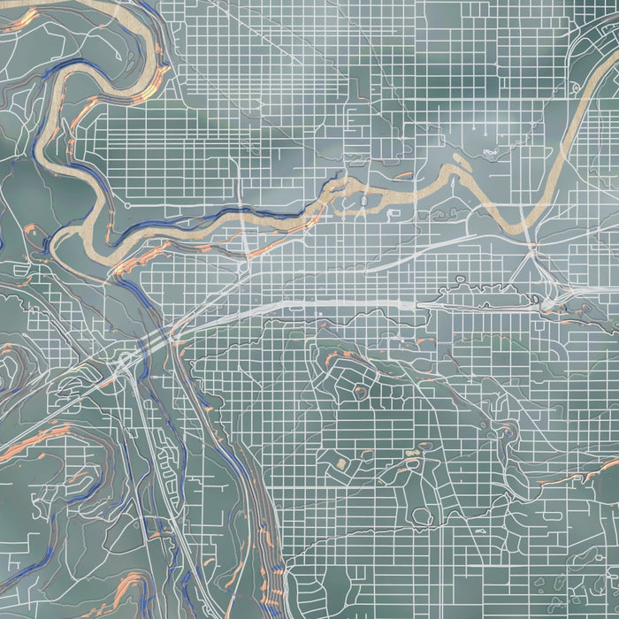 Spokane Washington Map Print in Afternoon Style Zoomed In Close Up Showing Details