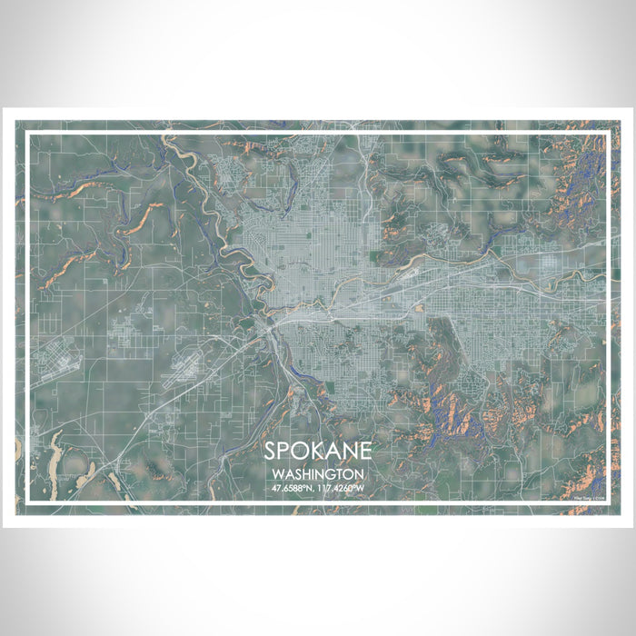 Spokane Washington Map Print Landscape Orientation in Afternoon Style With Shaded Background