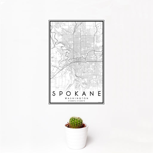 12x18 Spokane Washington Map Print Portrait Orientation in Classic Style With Small Cactus Plant in White Planter