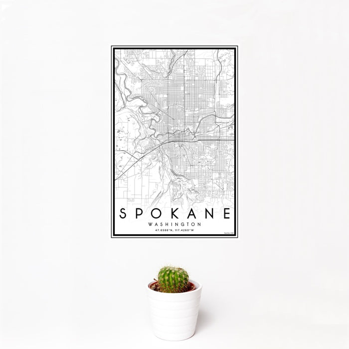 12x18 Spokane Washington Map Print Portrait Orientation in Classic Style With Small Cactus Plant in White Planter