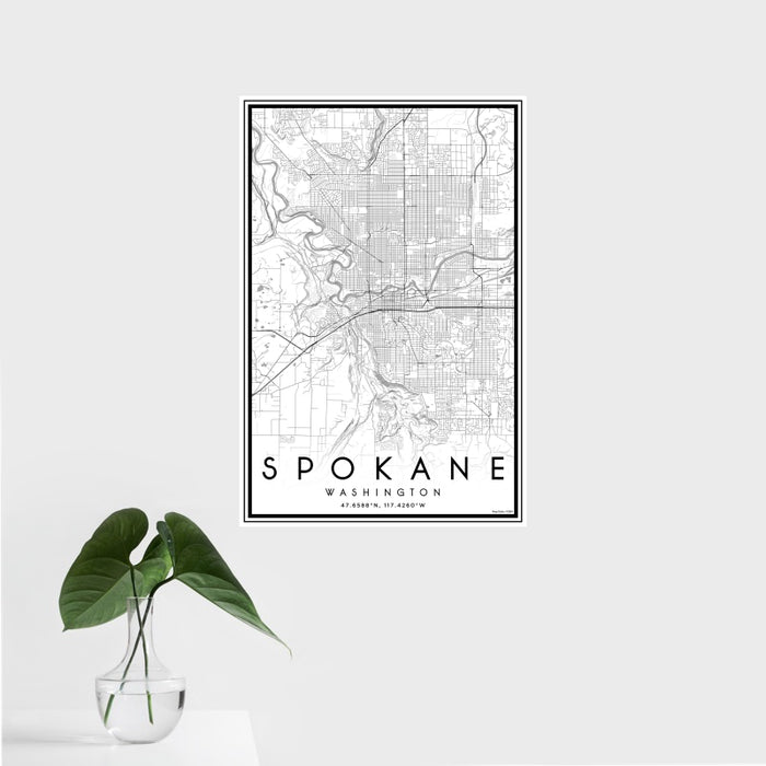16x24 Spokane Washington Map Print Portrait Orientation in Classic Style With Tropical Plant Leaves in Water