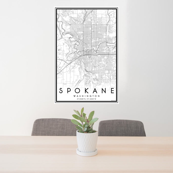 24x36 Spokane Washington Map Print Portrait Orientation in Classic Style Behind 2 Chairs Table and Potted Plant