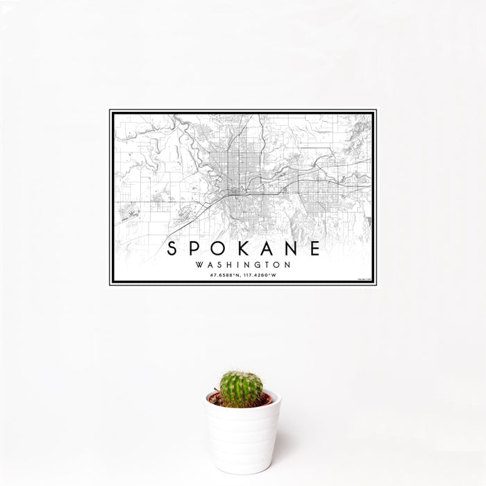 12x18 Spokane Washington Map Print Landscape Orientation in Classic Style With Small Cactus Plant in White Planter