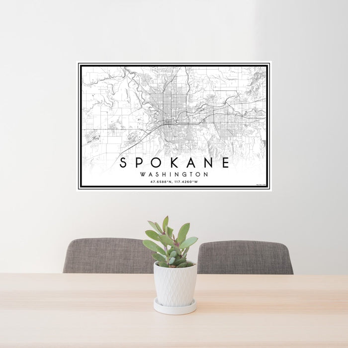 24x36 Spokane Washington Map Print Landscape Orientation in Classic Style Behind 2 Chairs Table and Potted Plant