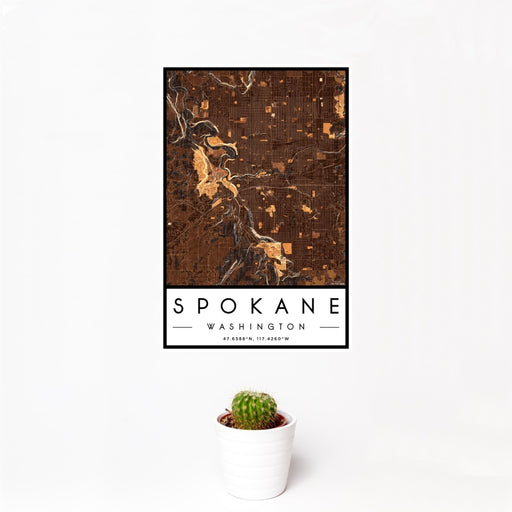12x18 Spokane Washington Map Print Portrait Orientation in Ember Style With Small Cactus Plant in White Planter