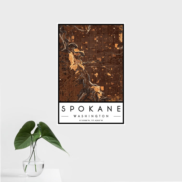 16x24 Spokane Washington Map Print Portrait Orientation in Ember Style With Tropical Plant Leaves in Water