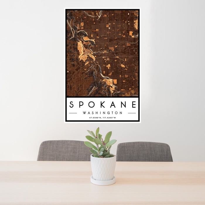 24x36 Spokane Washington Map Print Portrait Orientation in Ember Style Behind 2 Chairs Table and Potted Plant
