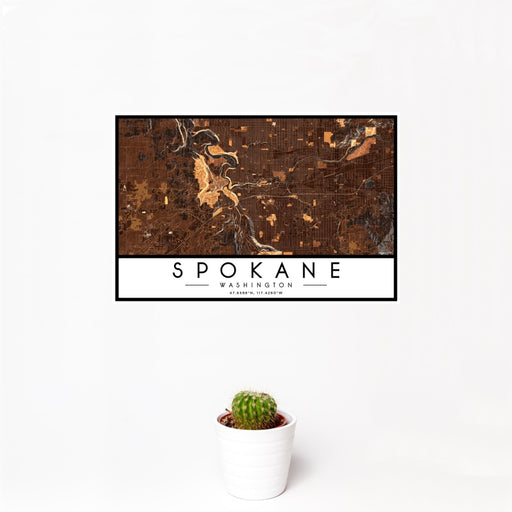 12x18 Spokane Washington Map Print Landscape Orientation in Ember Style With Small Cactus Plant in White Planter