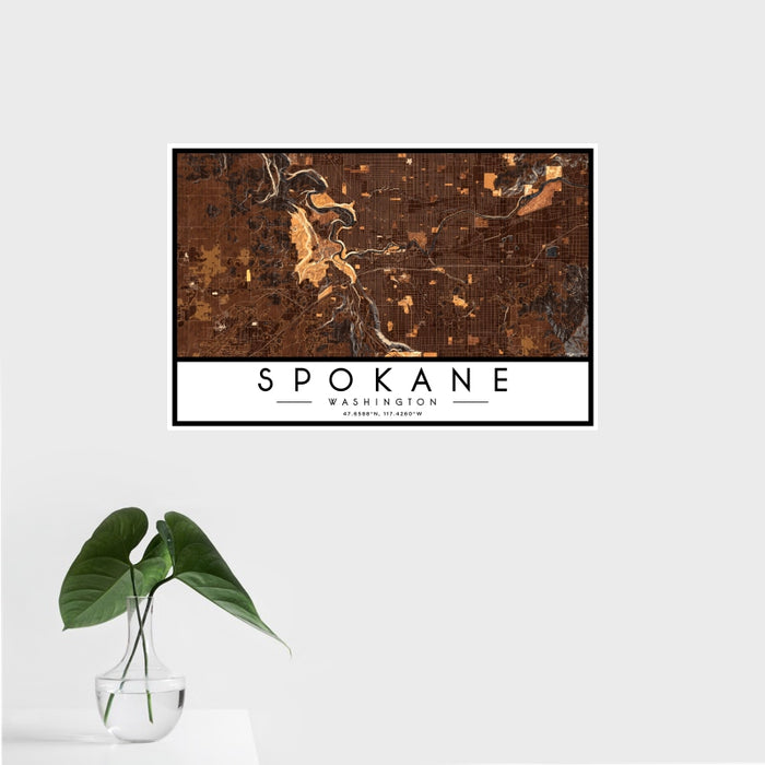 16x24 Spokane Washington Map Print Landscape Orientation in Ember Style With Tropical Plant Leaves in Water
