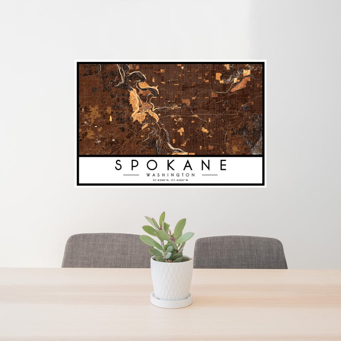 24x36 Spokane Washington Map Print Landscape Orientation in Ember Style Behind 2 Chairs Table and Potted Plant