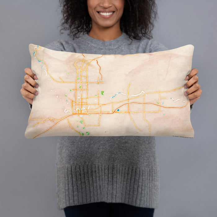 Person holding 20x12 Custom Spokane Washington Map Throw Pillow in Watercolor