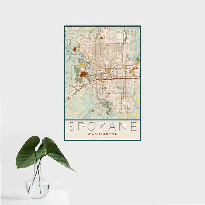 16x24 Spokane Washington Map Print Portrait Orientation in Woodblock Style With Tropical Plant Leaves in Water