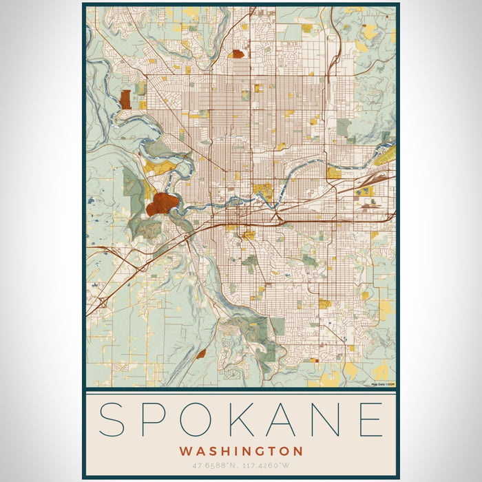 Spokane Washington Map Print Portrait Orientation in Woodblock Style With Shaded Background