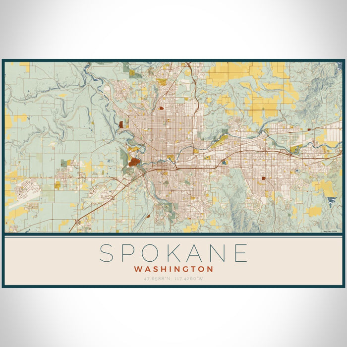Spokane Washington Map Print Landscape Orientation in Woodblock Style With Shaded Background
