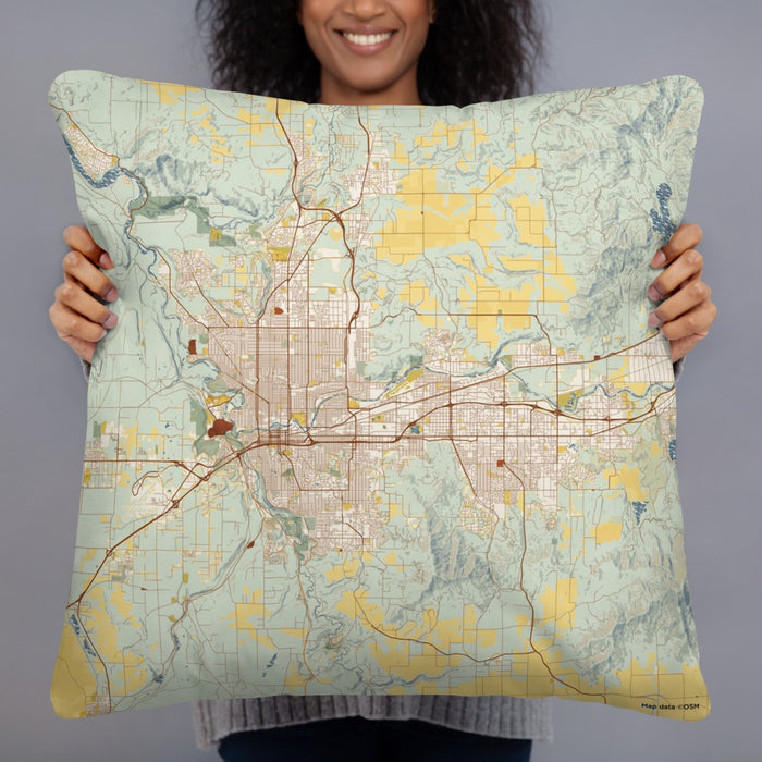 Person holding 22x22 Custom Spokane Washington Map Throw Pillow in Woodblock