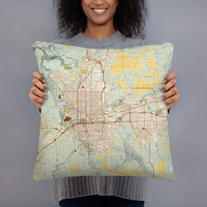 Person holding 18x18 Custom Spokane Washington Map Throw Pillow in Woodblock