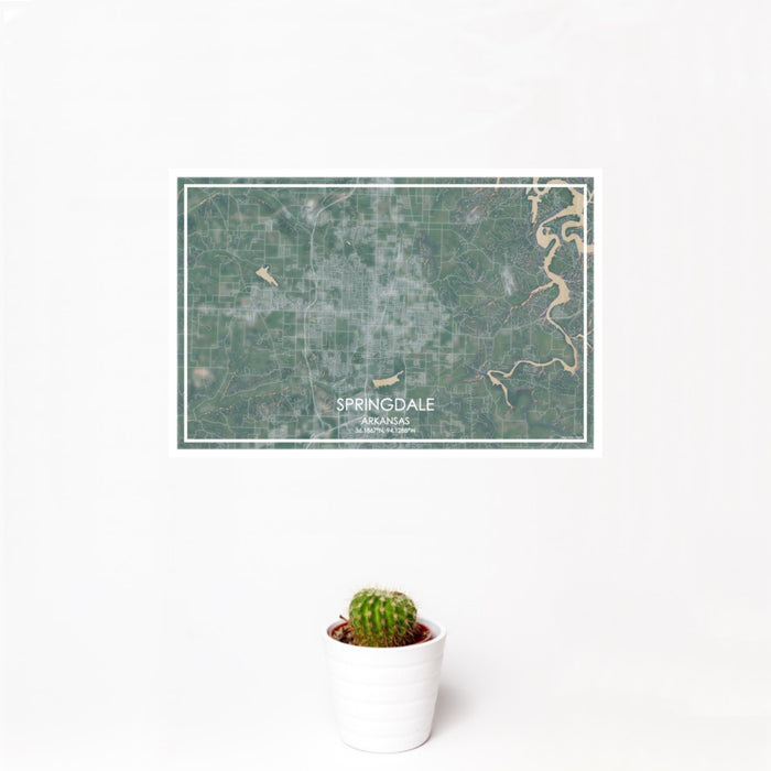 12x18 Springdale Arkansas Map Print Landscape Orientation in Afternoon Style With Small Cactus Plant in White Planter