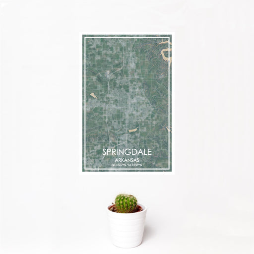 12x18 Springdale Arkansas Map Print Portrait Orientation in Afternoon Style With Small Cactus Plant in White Planter