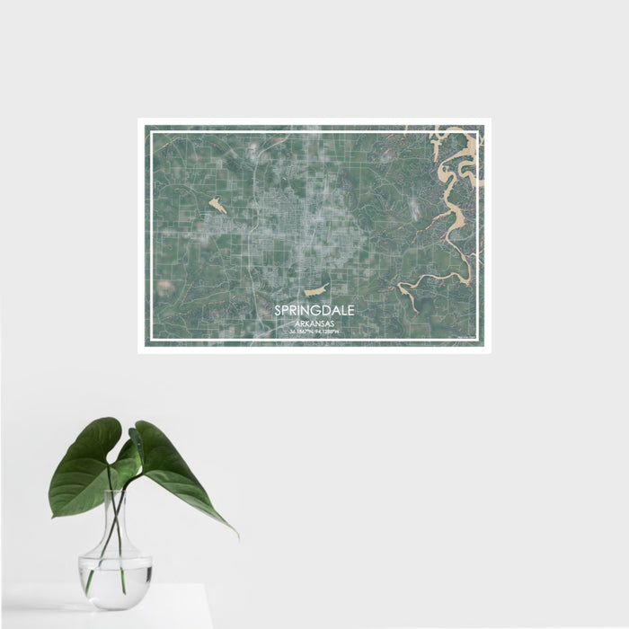 16x24 Springdale Arkansas Map Print Landscape Orientation in Afternoon Style With Tropical Plant Leaves in Water