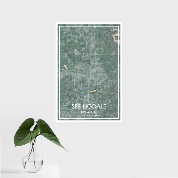 16x24 Springdale Arkansas Map Print Portrait Orientation in Afternoon Style With Tropical Plant Leaves in Water
