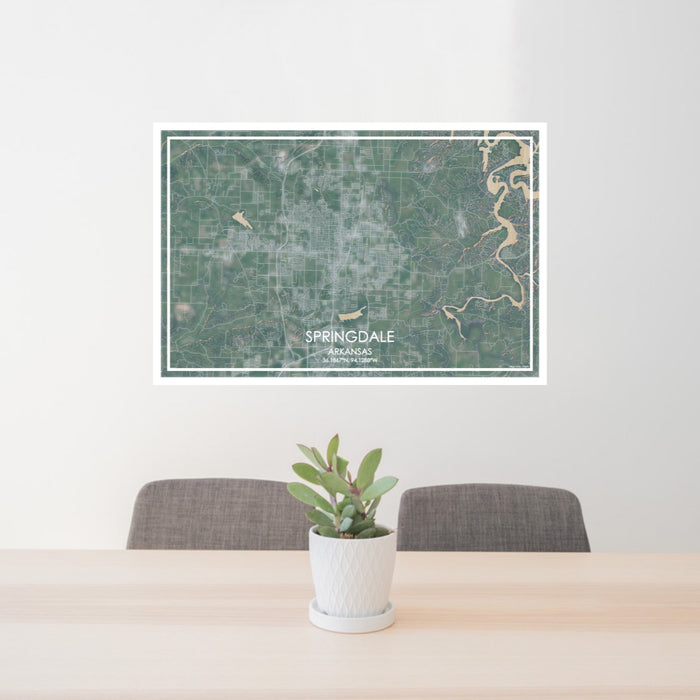 24x36 Springdale Arkansas Map Print Lanscape Orientation in Afternoon Style Behind 2 Chairs Table and Potted Plant
