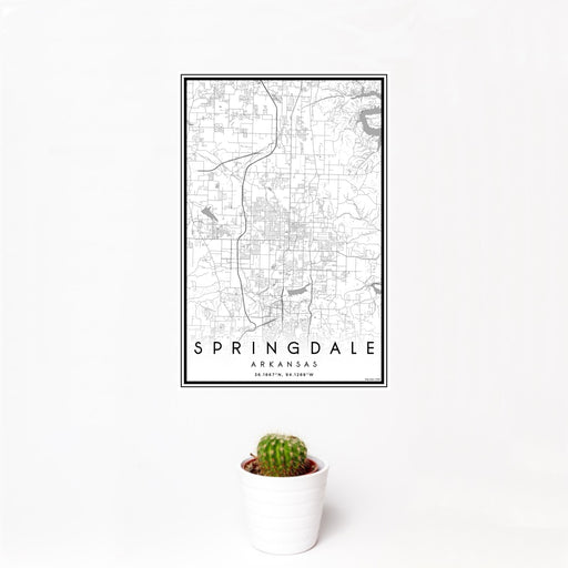 12x18 Springdale Arkansas Map Print Portrait Orientation in Classic Style With Small Cactus Plant in White Planter